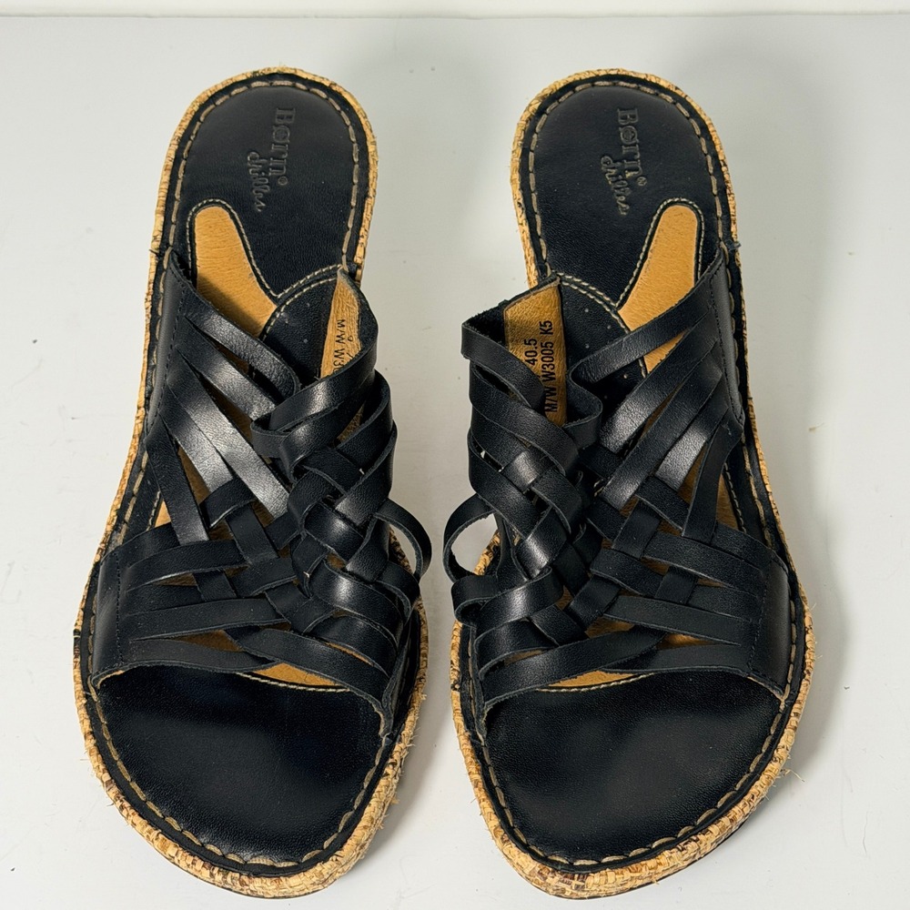 Born Drilles Woven Wedge Sandals Womens Size 9 Black Leather Raffia Boho‎